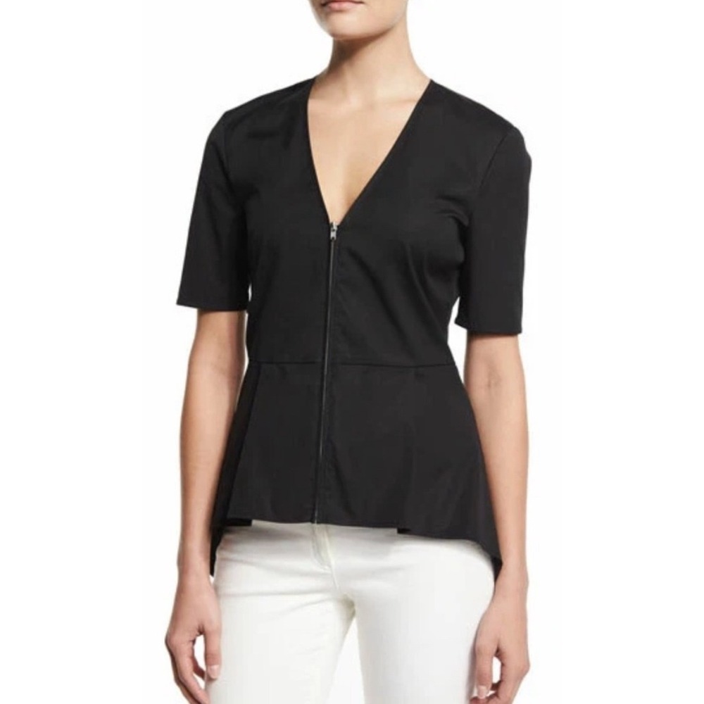 VERONICA BEARD‎ Meyer Black Zip Front Peplum Short Sleeve Top Minimalist Lux 8 M